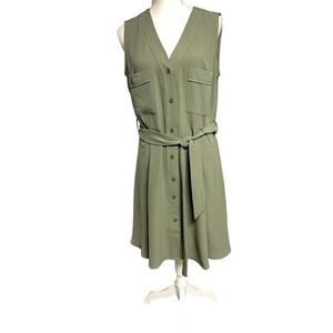 DKNY Sleeveless Button Down Olive Belted Midi Dress Womens 16